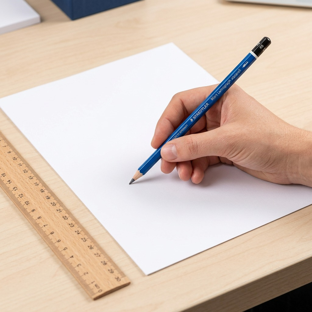Scale comparison: A 100A-4B-35 watercolor pencil is held by hand over a sheet of plain white A4 paper.