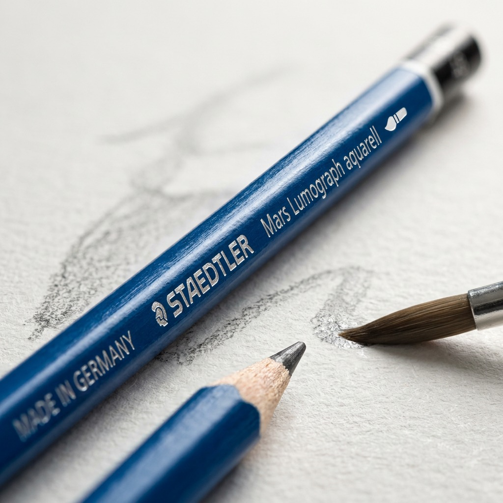 A macro photo focuses on the wood grain, sharpened point, and silver-stamped text on a blue pencil.