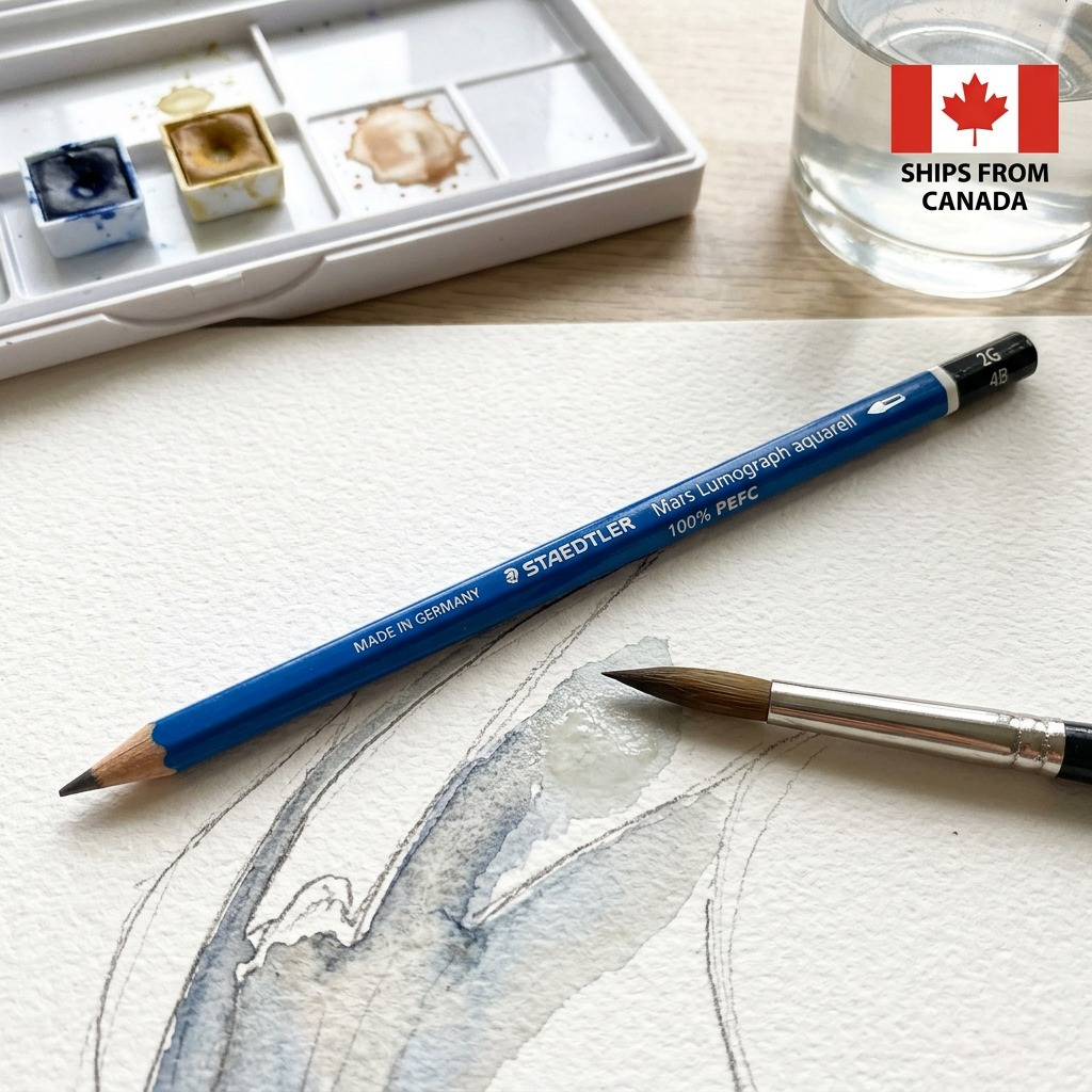 A close-up photograph of the Staedtler Mars Lumograph 4B aquarell pencil with a paint brush on paper, with a Canadian flag logo.