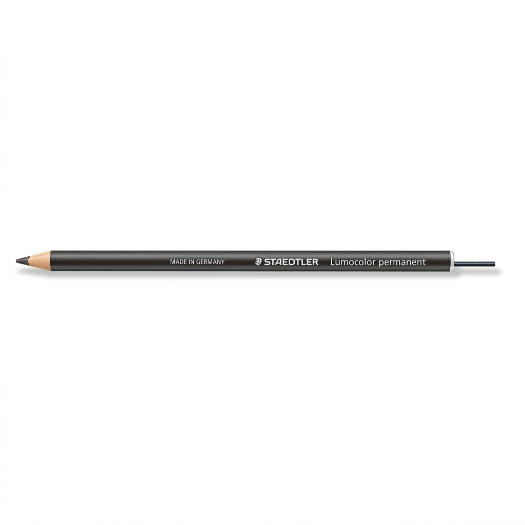 A high-resolution, centered view of the STAEDTLER Lumocolor permanent glasochrom dry marker, showing its pre-sharpened tip and silver markings on a dark barrel, set against a pristine, well-lit white background.