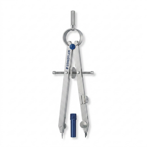 A high-resolution ecommerce hero shot of the STAEDTLER bow compass and lead tube against a pure white background.
