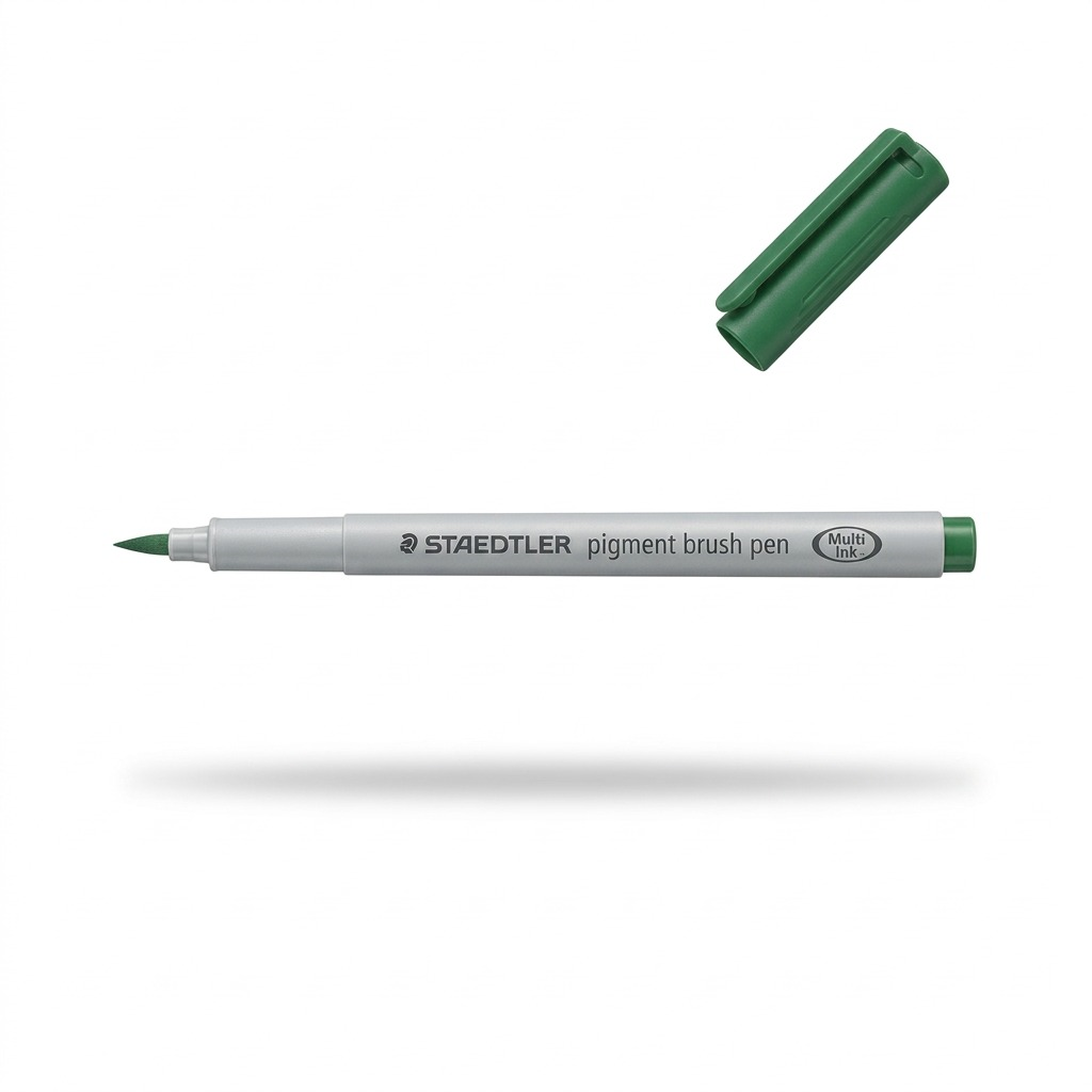 A high-resolution product shot of the STAEDTLER Pigment Brush Pen in Fir Green on a pure white background.