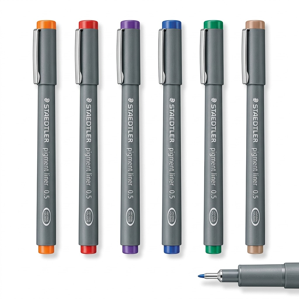 A pristine hero shot of the Staedtler 30805SBK6 pigment liner set, featuring six assorted colors with 0.5 mm nibs, arranged impeccably against a clean white background.