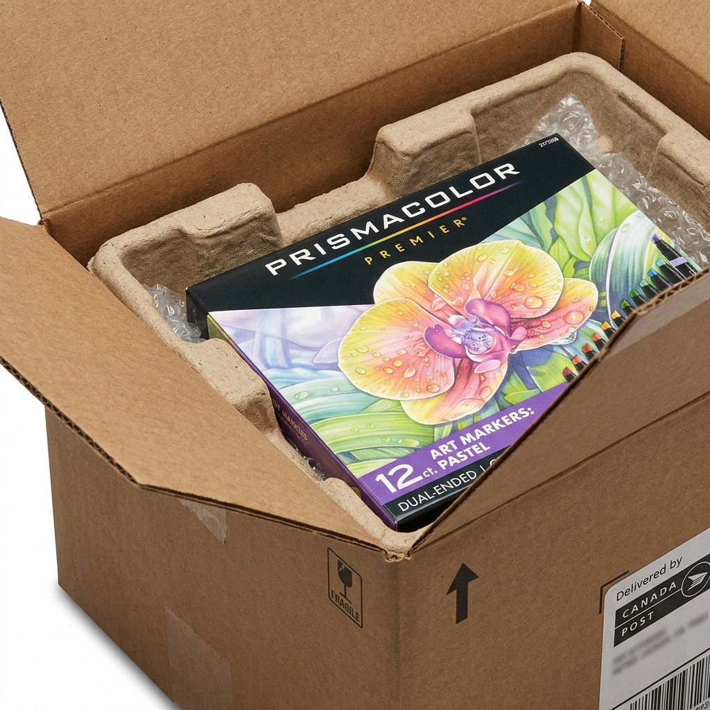 An open cardboard box revealing a padded 12-count set of Prismacolor Premier Dual-Ended Art Markers.