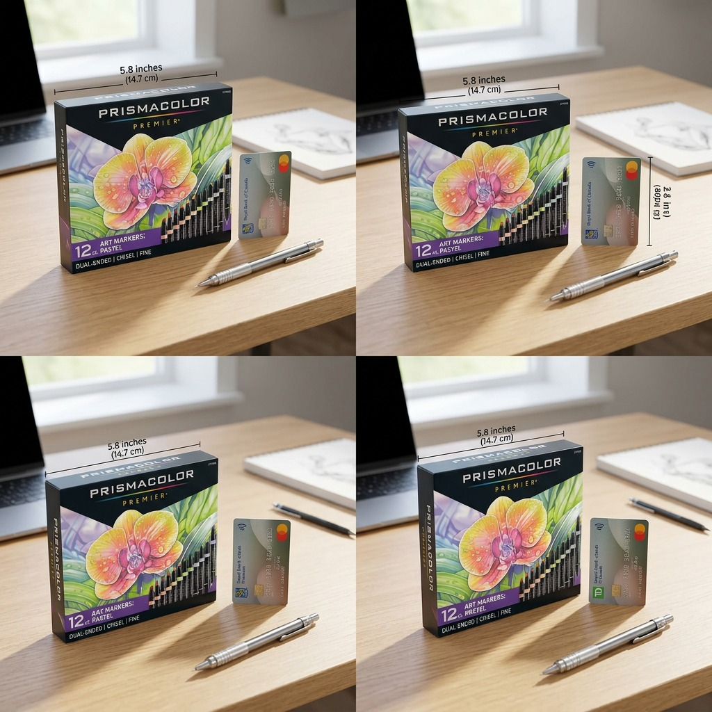 Digital rendering comparing Prismacolor Pastel marker set next to a real size credit card.