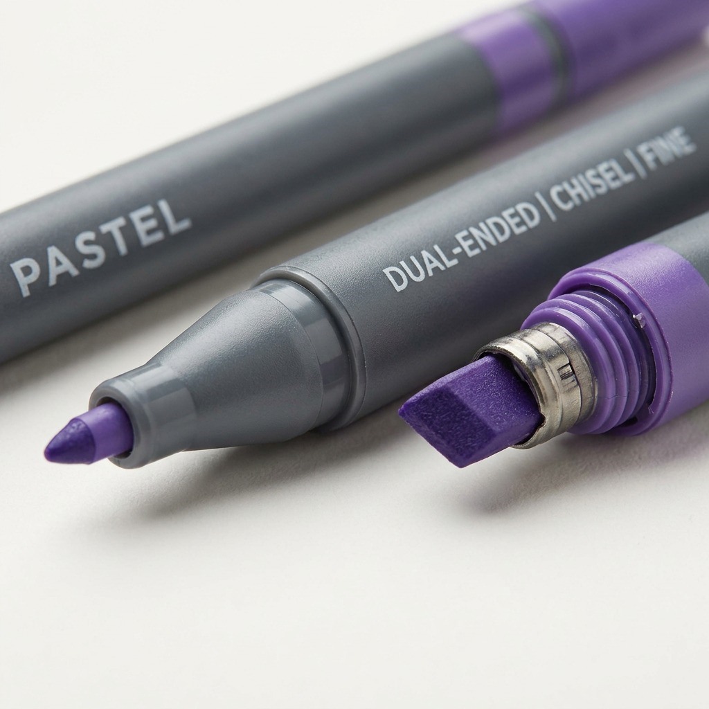 Macro close-up of the Prismacolor marker's interface, showing a purple chisel tip and fine tip detached.
