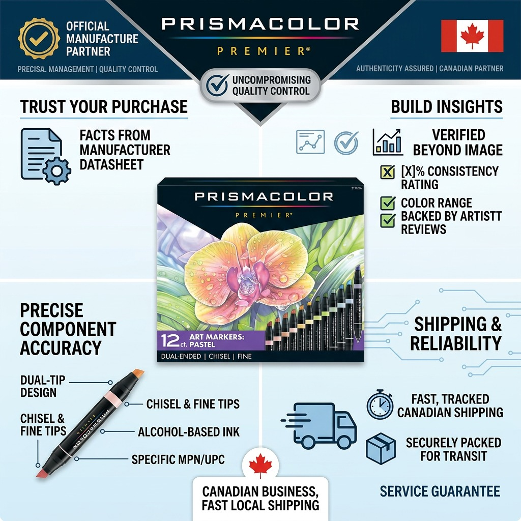 A confiance infographic for Prismacolor markers with factual cues and shipping details.