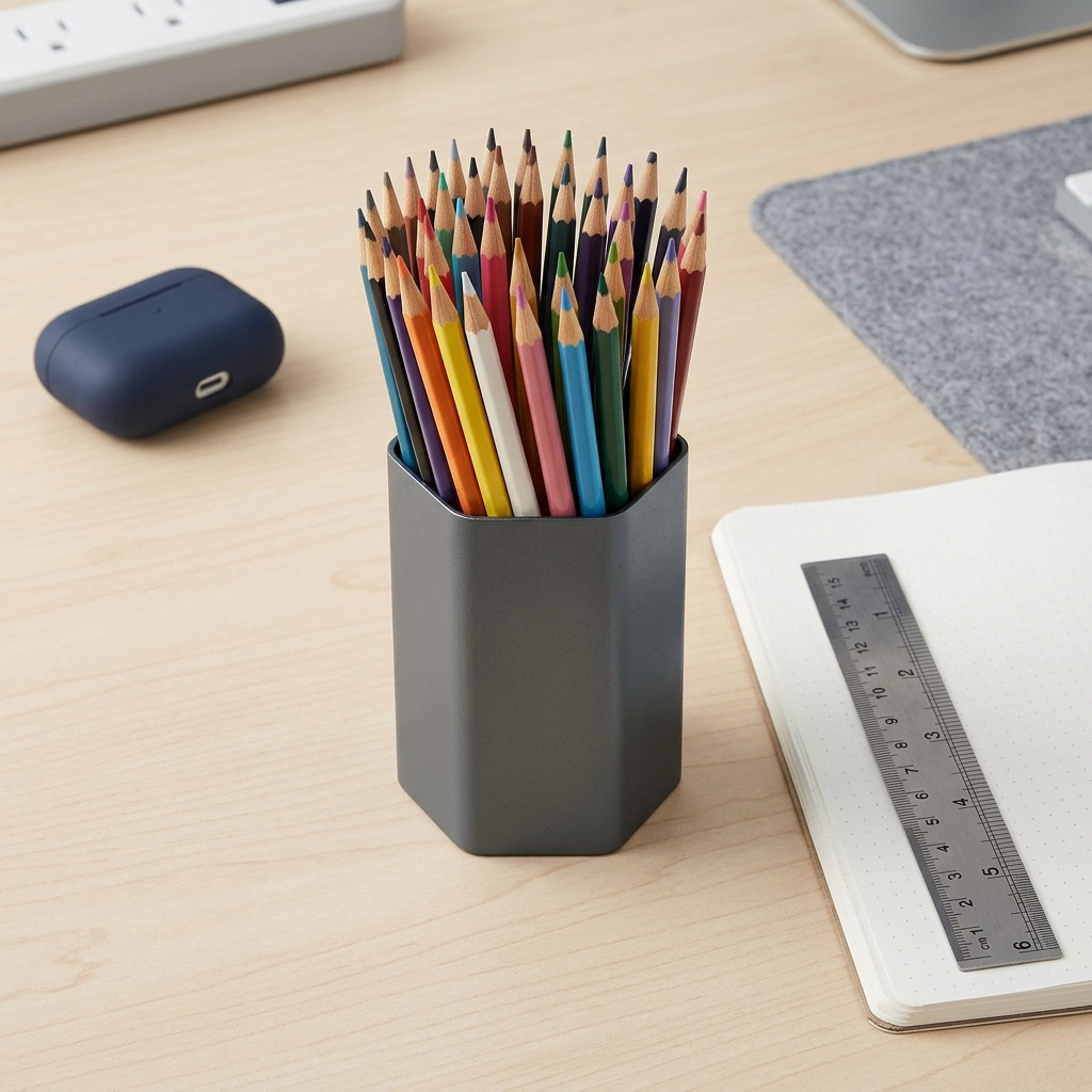 A 36-count set of pencils in a metal cup next to an A5 journal and a 15cm ruler.