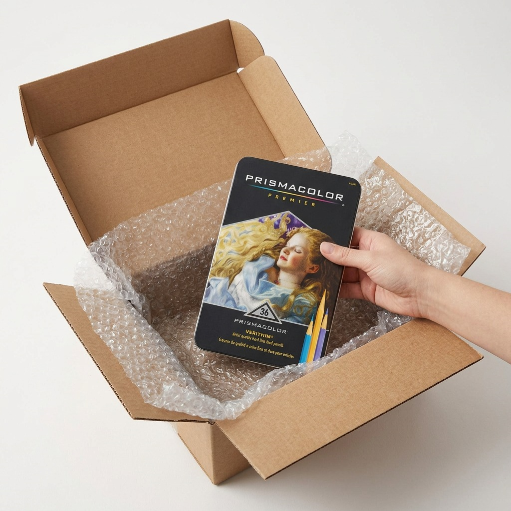An open, reusable shipping box with bubble wrap padding, revealing the Prismacolor Verithin 36-pencil box set (MPN: 2428) undamaged, emphasizing secure packaging for protected delivery.