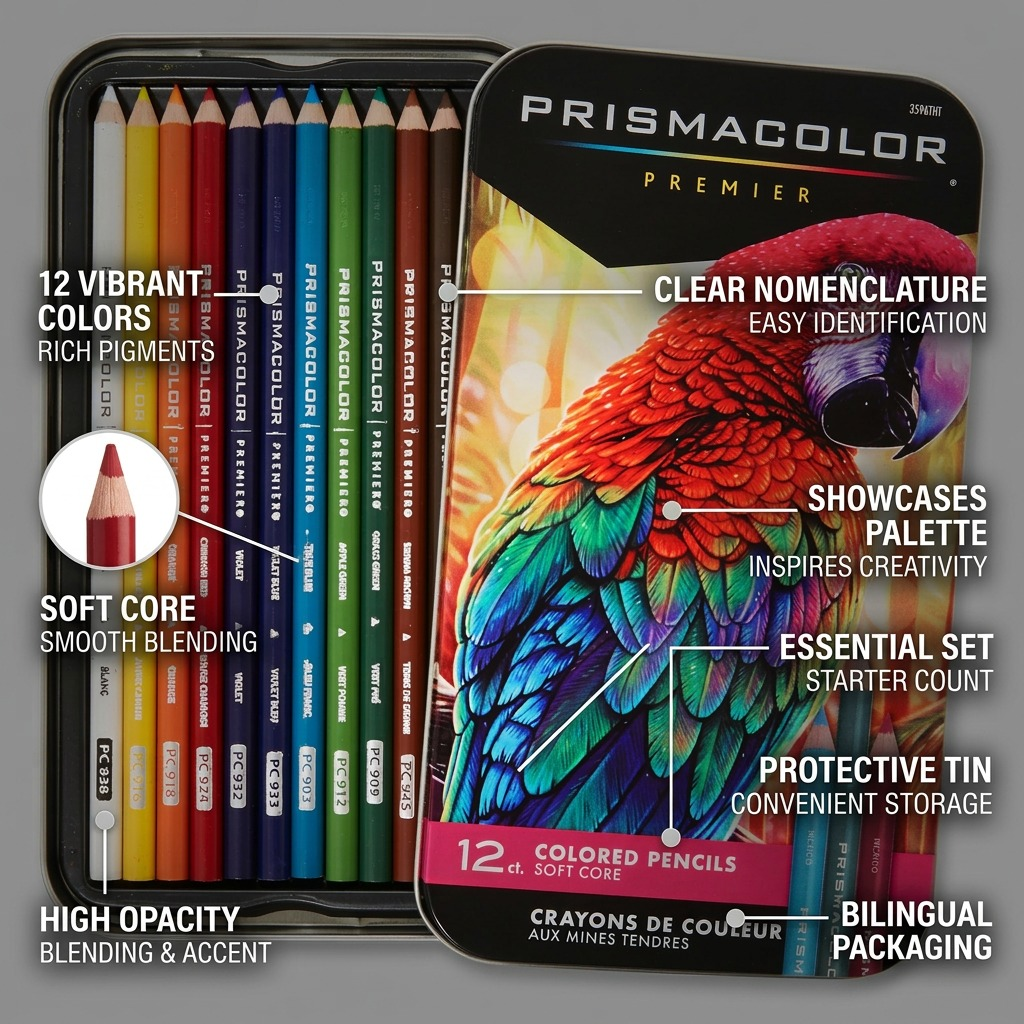 A visual matrix image detailing key operational features of the 12 count Prismacolor Premier colored pencil set for ecommerce, including pointers to soft cores for blending, vibrant colors, wide layout, and protective tin.