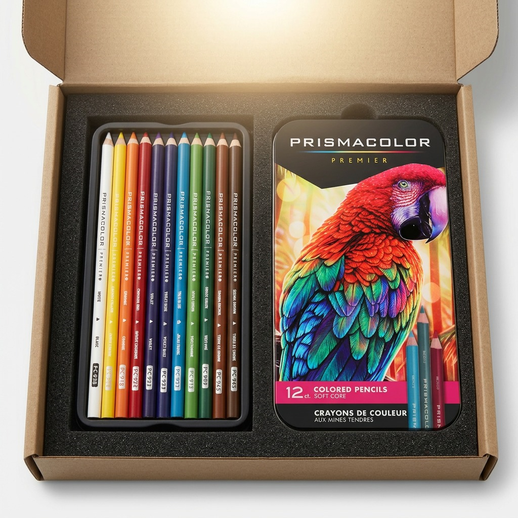 A photo-realistic unboxing of the detailed 12-count Prismacolor tin and pencils, nestled safely in custom foam.