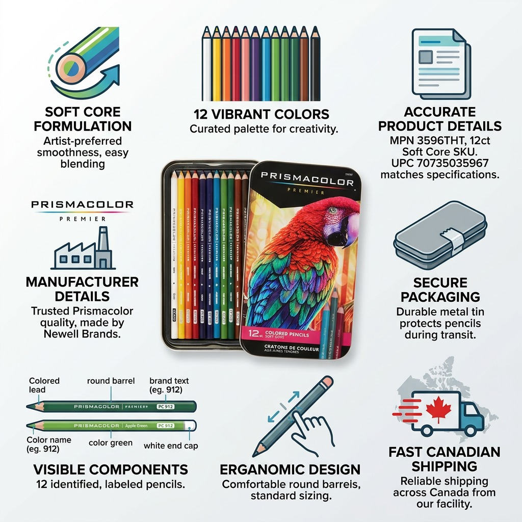 Prismacolor Premier 12-count colored pencils infographic showcasing quality features and Canadian shipping reliability.