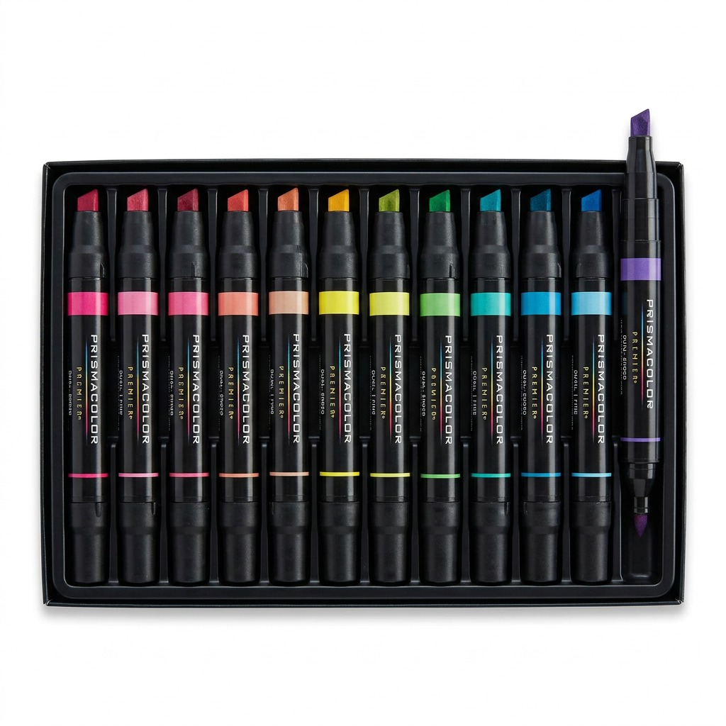 A clean, center-focused hero photograph of the open PRISMACOLOR Premier Dual-Ended Art Marker set.