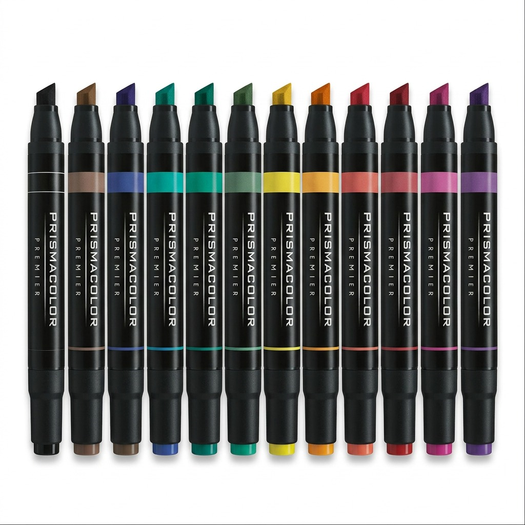 A row of 12 multi-colored dual-ended fine/chisel markers on a white background.