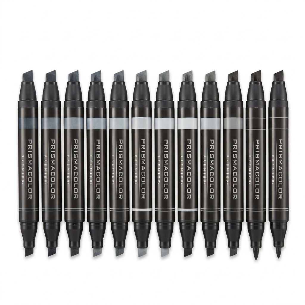 A crisp, high-resolution hero shot of twelve Prismacolor Premier Dual-Ended Art Markers, in varying cool grey shades, standing in a precise row on a pure white background.