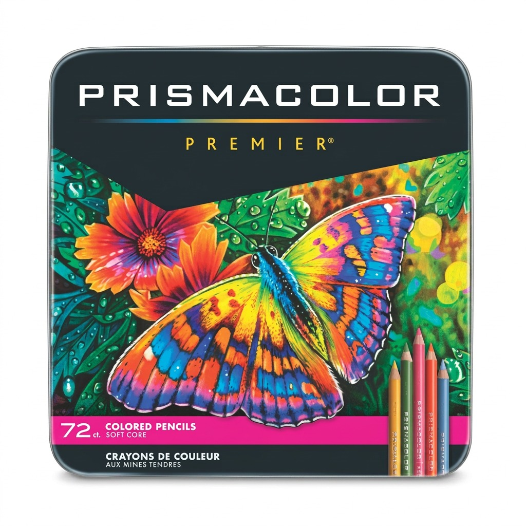High-resolution hero shot of Prismacolor Premier 72 Ct tin featuring a vibrant butterfly, isolated on white.