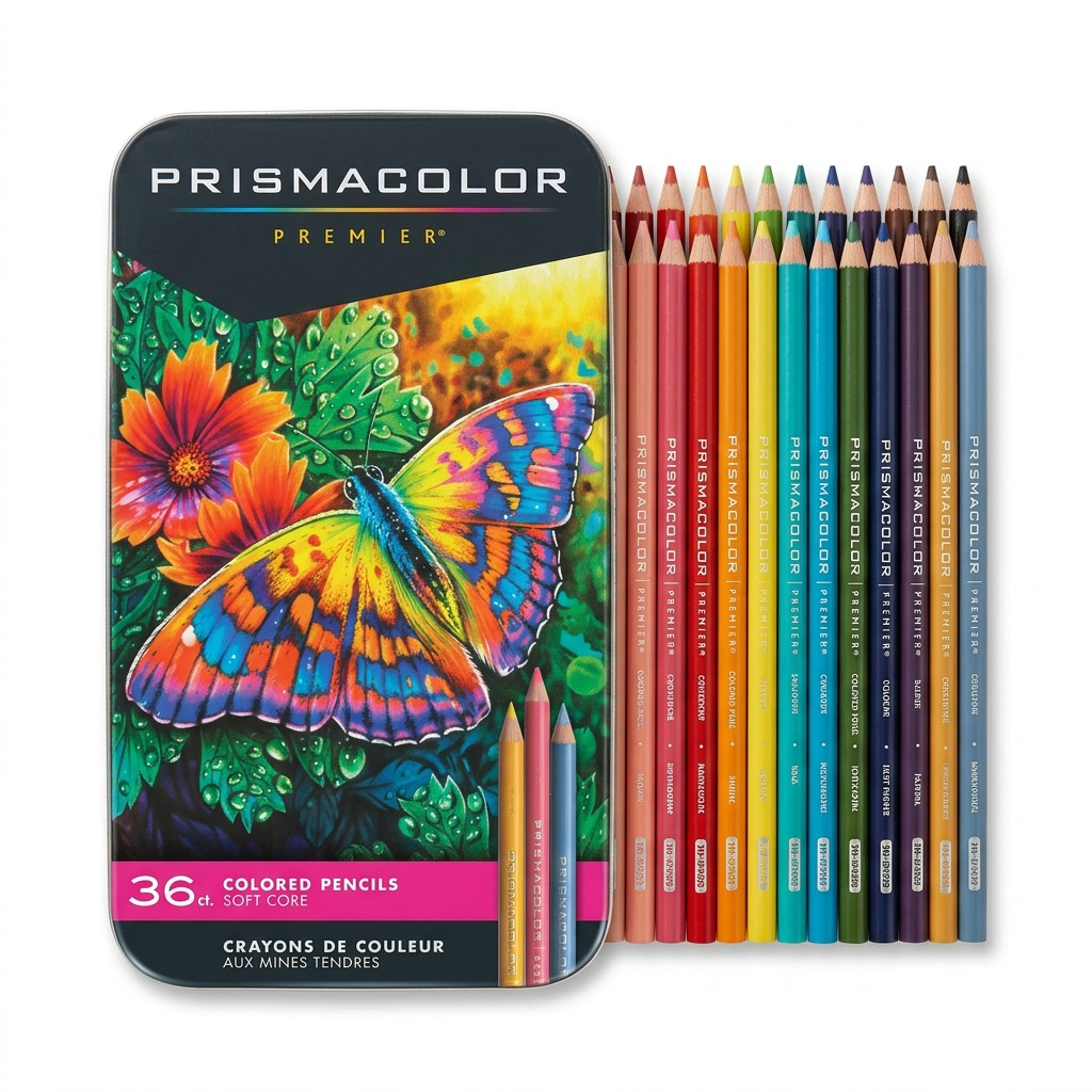 A high-resolution, centered flat lay photograph of a 36-count metal tin of Prismacolor Premier Coloured Pencils.