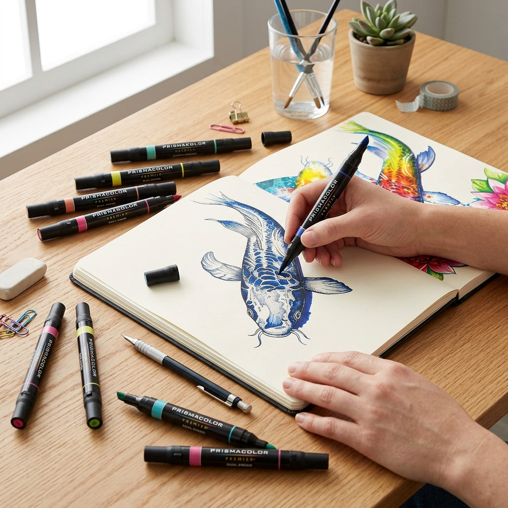 Prismacolor Premier markers and an artist's vibrant koi fish drawing on a sketchbook.