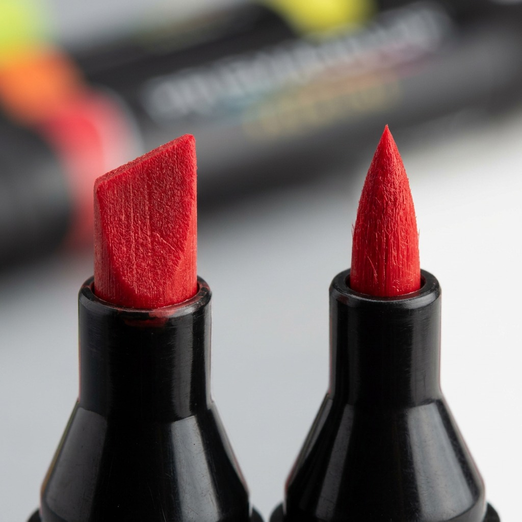 A detailed macro close-up of a red Prismacolor dual-ended marker's chisel and fine tips, highlighting the high-quality fibers.