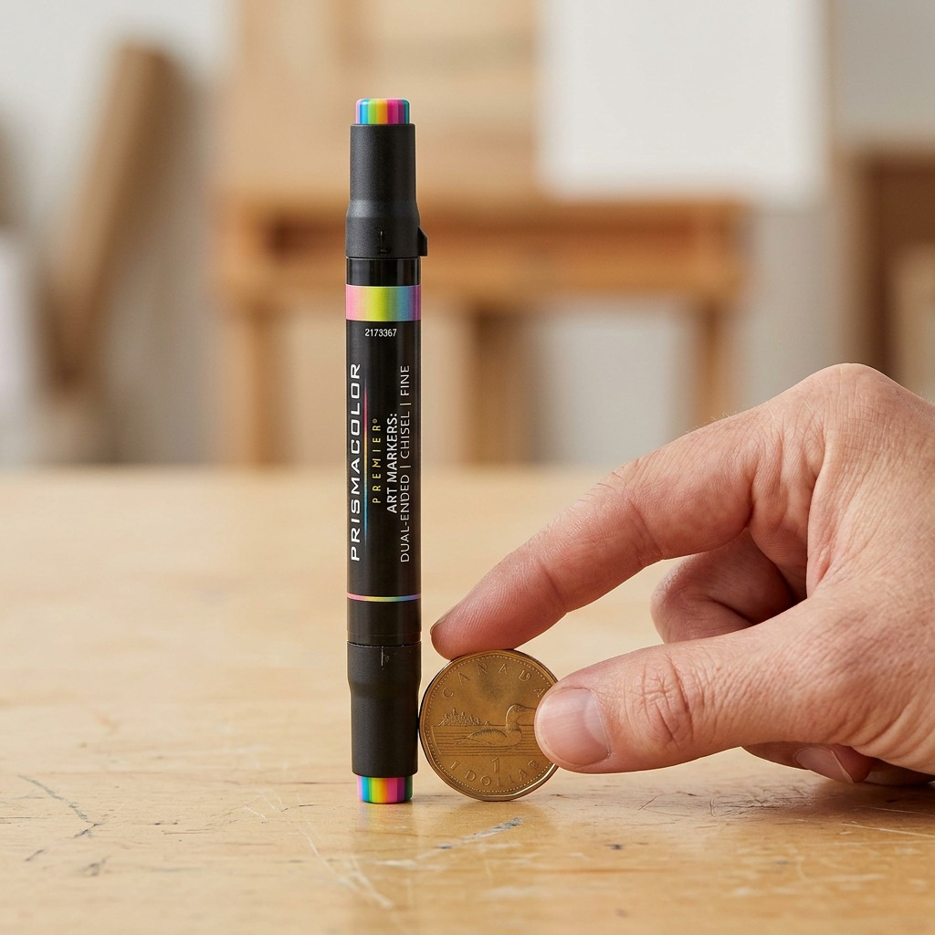 A close-up shot of a Prismacolor multi-color prismacolor marker, resting casually beside a fresh Canadian two-dollar coin, known as a Toonie, to illustrate its actual size. The scene is lit by natural daylight.