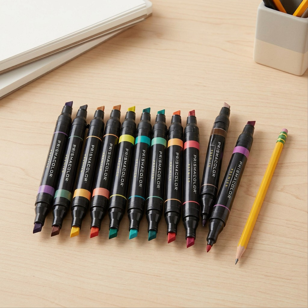A scale-reference image of the Prismacolor 12-count primary art markers set next to a standard graphite pencil, showing relative size.