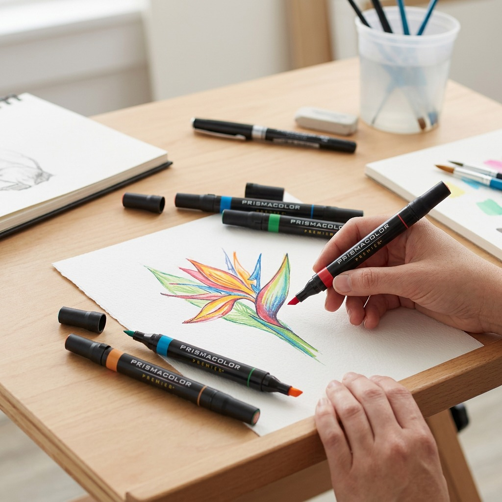 Lifestyle photo of Prismacolor Premier dual-ended primary markers on a clean art desk.