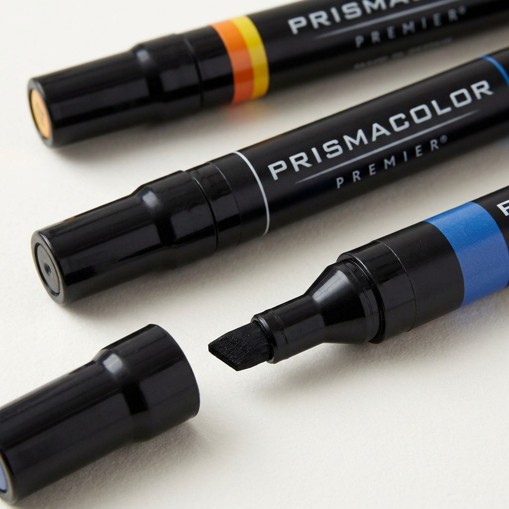 A macro photo shows two Prismacolor fine and chisel tip art markers with their color-matched caps and labels.