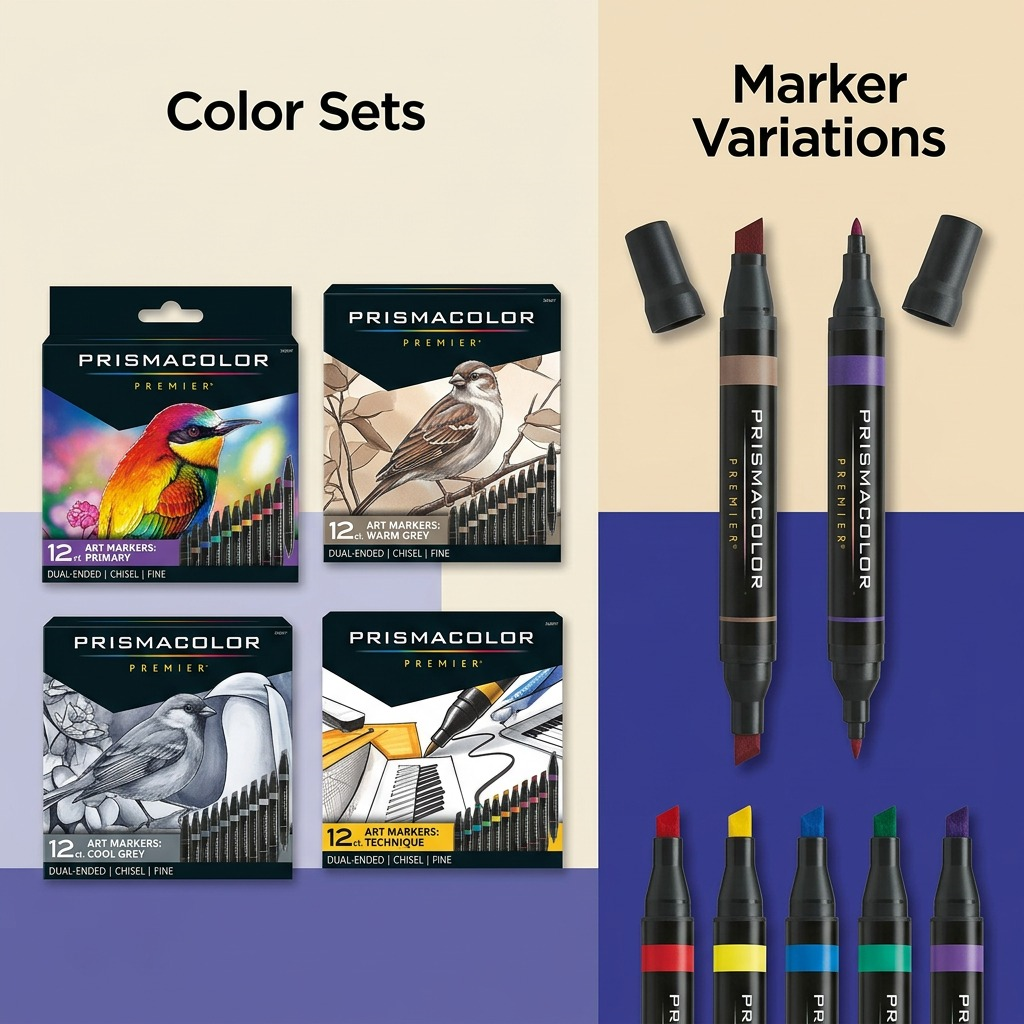 A grid displaying various Prismacolor marker sets and single-marker tip differences.