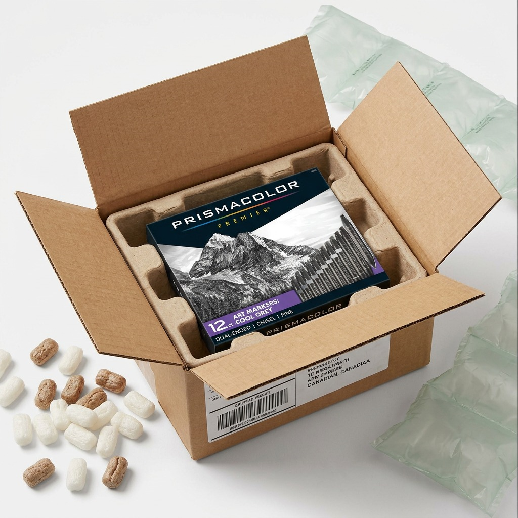 Inside an open cardboard box, nestled securely within molded pulp inserts, lies the Prismacolor 12-count Cool Grey Art Marker set, seen through protective, deflated air-cushion film and surrounded by loose packing peanuts, ready for safe delivery.