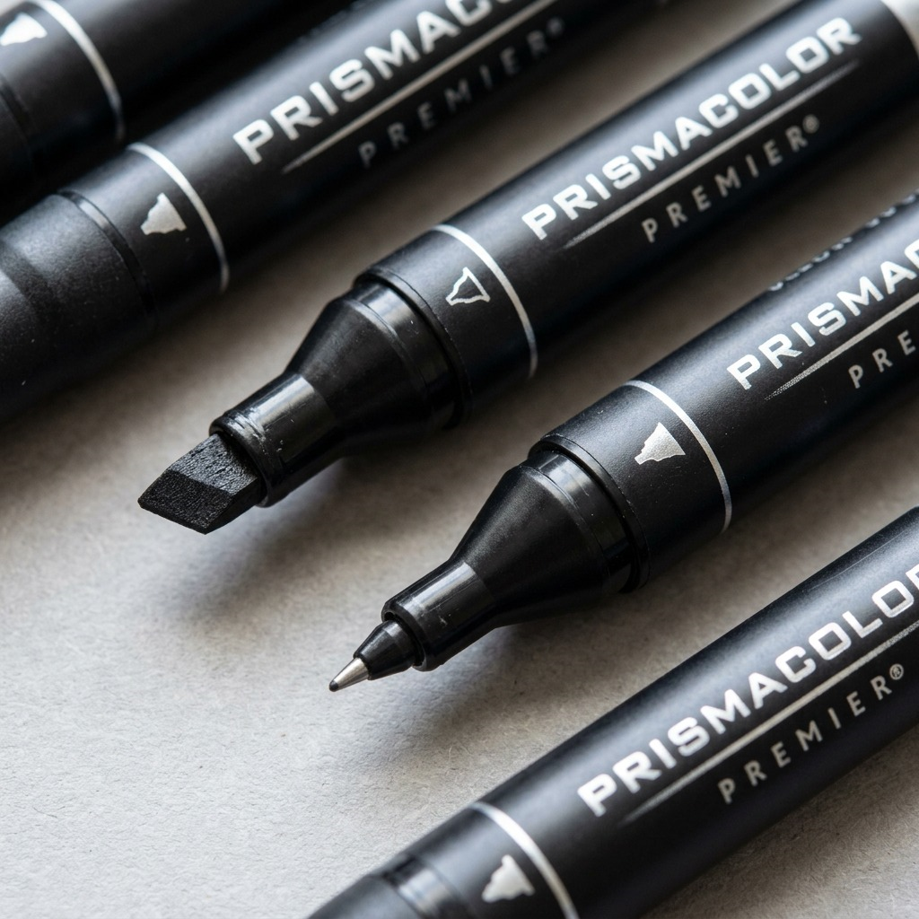 Macro inspection shows Prismacolor dual tips and printed barrel details on a grey surface.