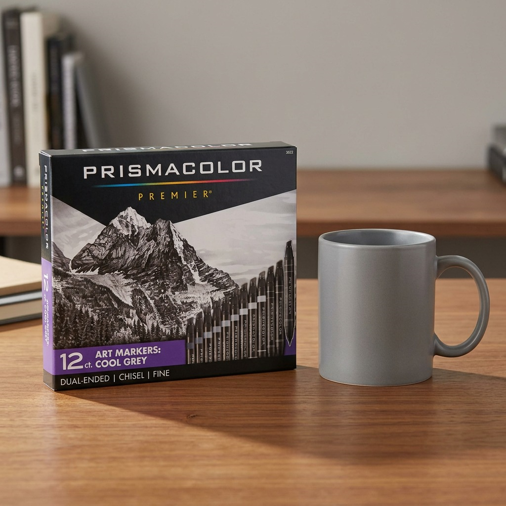 Scale comparison image showing a 12-count set of Prismacolor grey markers next to a coffee ceramic mug, on wood desk.