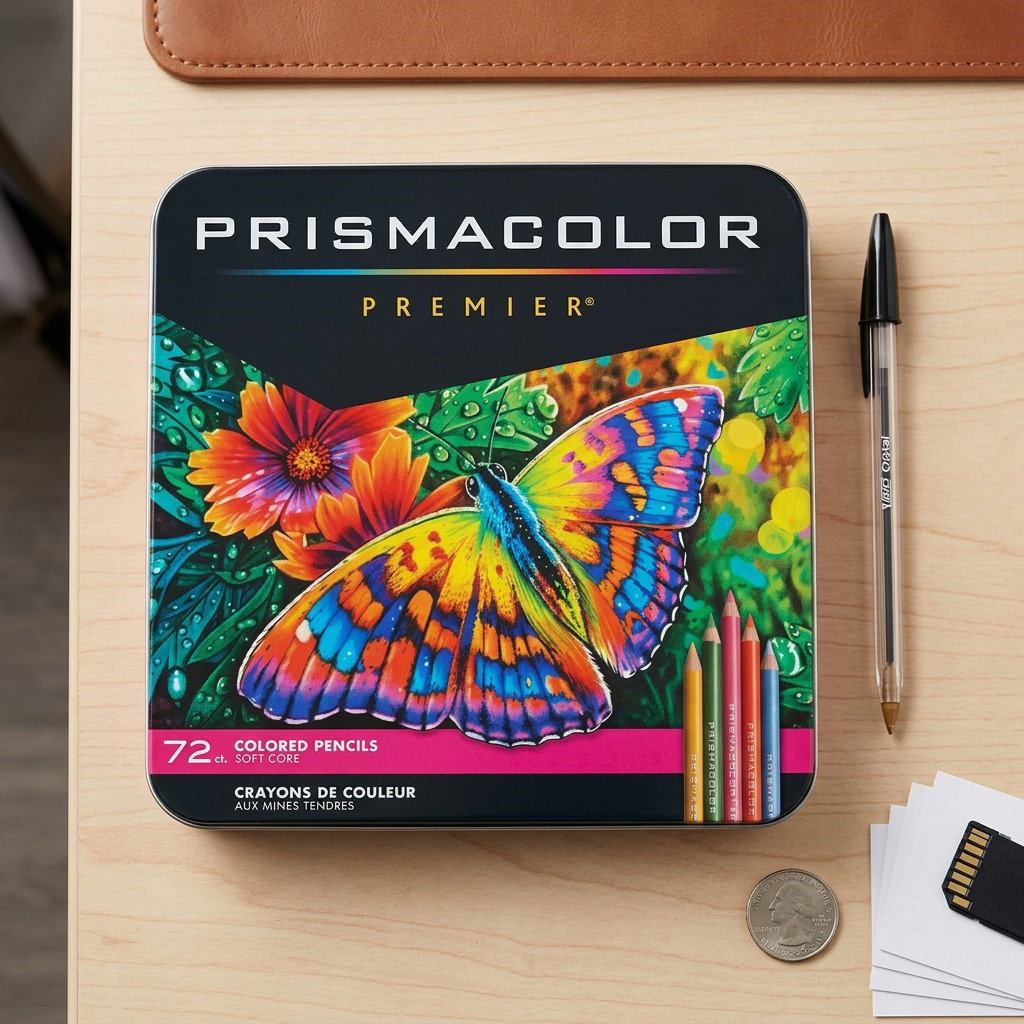 A macro-photo comparing the PRISMACOLOR tin size with a US quarter and a ballpoint pen.