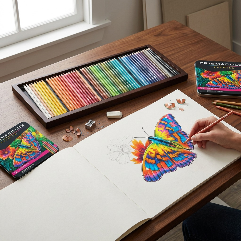 A high-detail photograph of a Prismacolor 72-count set in use, with pencils arranged neatly by color on a wooden desk alongside an open sketchbook with a started floral and butterfly drawing.