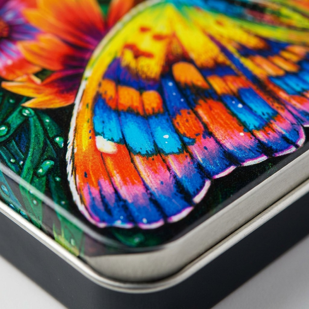 Macro shot focusing on the textured print of wide-spread butterfly wings on the metal tin surface.