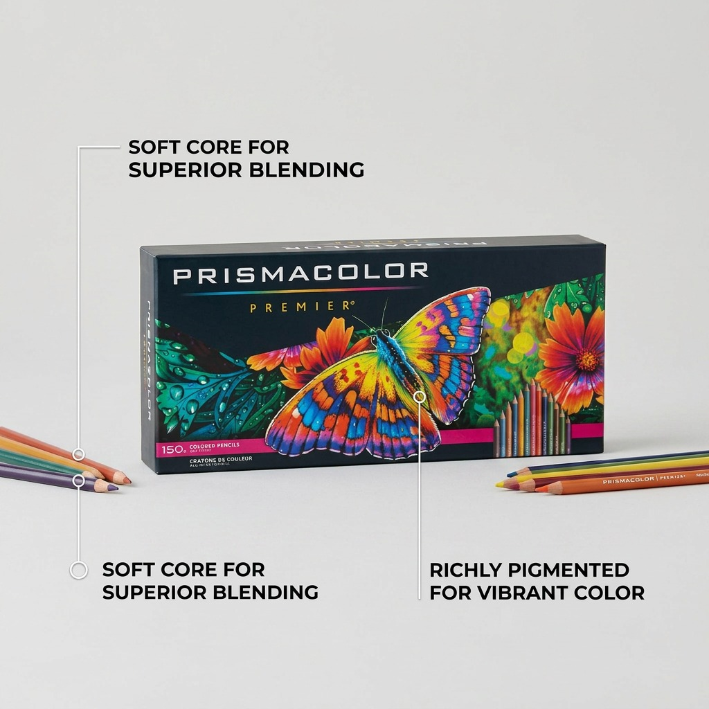 Product feature infographic for Prismacolor Premier 150ct set with blending benefits chart.