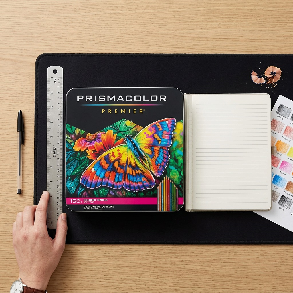Scale comparison of a large black metal Prismacolor Premier 150 pencil set next to an open notebook on a desk.