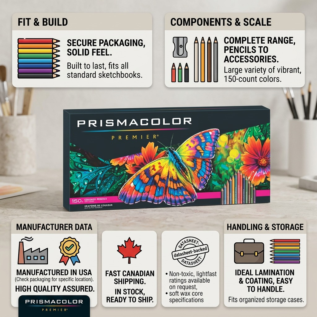 Trust and authority infographic verifying Prismacolor Premier colored pencils with USA manufacturing and fast Canadian shipping.