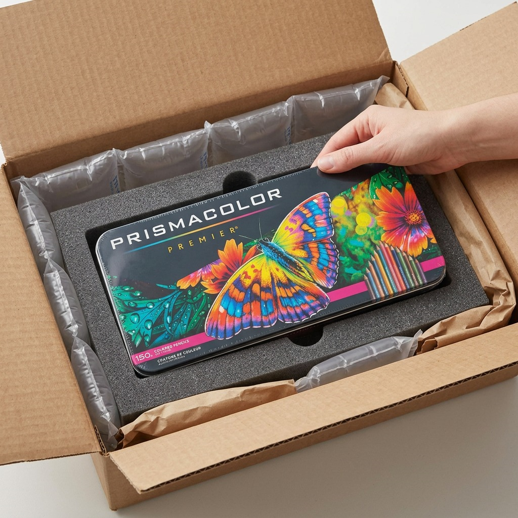 A photograph of the Prismacolor 150-count colored pencil tin being opened. The tin lies in a sturdy, brown corrugated box with protective air cushions. The vibrant butterfly art is clearly visible, showing no signs of damage, surrounded by cushioning. The background is a clean studio environment with natural light.