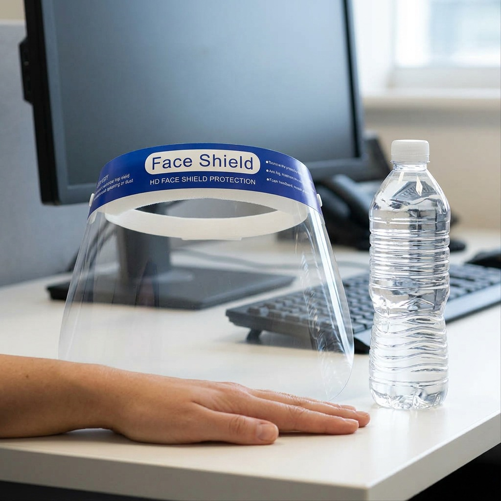 An anti-fog face shield on a desk beside a standard water bottle, with a hand to show scale.