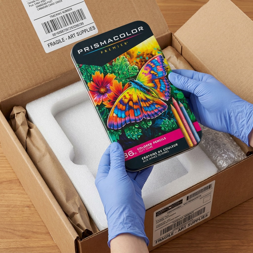 An image showing the Prismacolor metal tin being lifted from protective die-cut foam inside a shipping box.