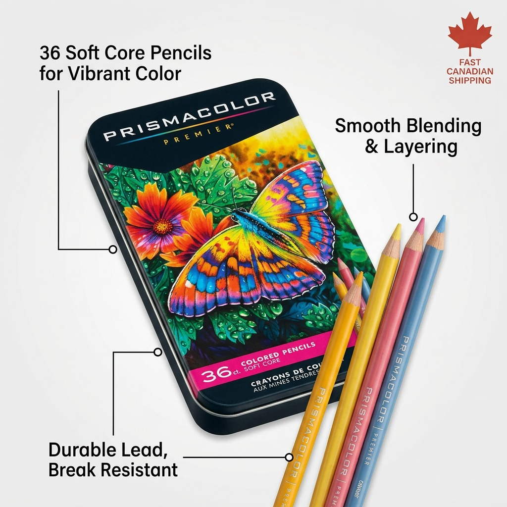 Feature callout visual for Prismacolor Premier 36ct tin, highlighting core properties, blending, and durability.