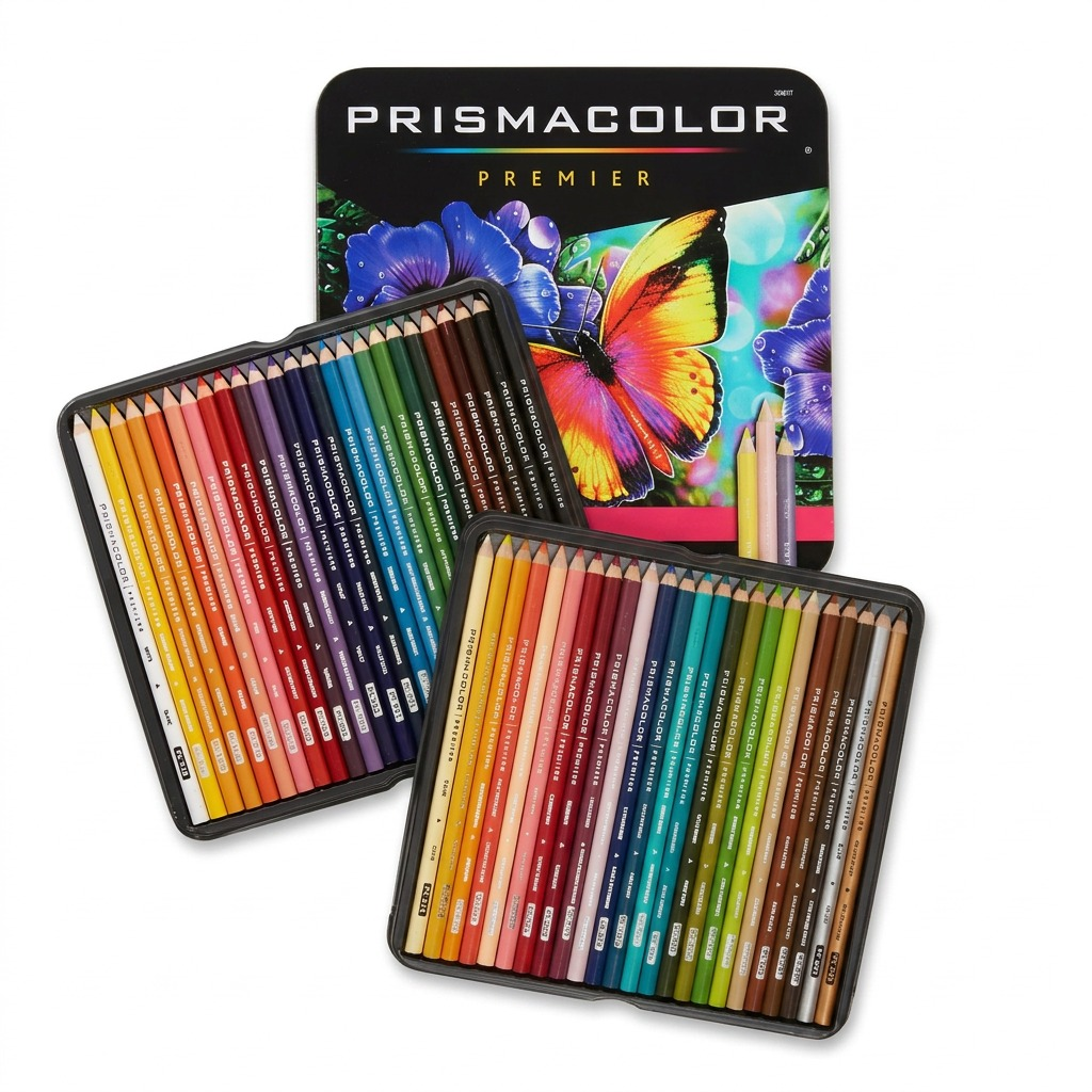 High-resolution hero shot of the open 48 Count Prismacolor Premier pencil tin.