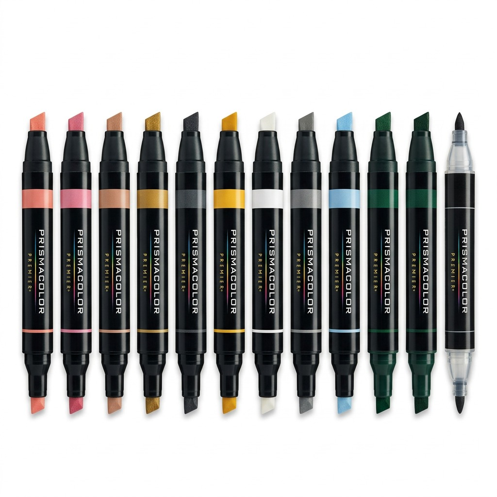 A pure hero shot of the Prismacolor Premier Midtones Art Markers, showing the 12 markers arranged neatly.