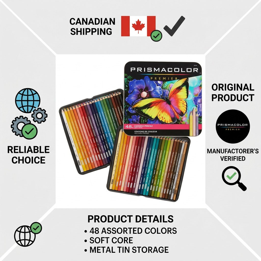 An infographic showing the Prismacolor 3598THT colored pencil set with icons of Canadian shipping, quality check, and product specifications.