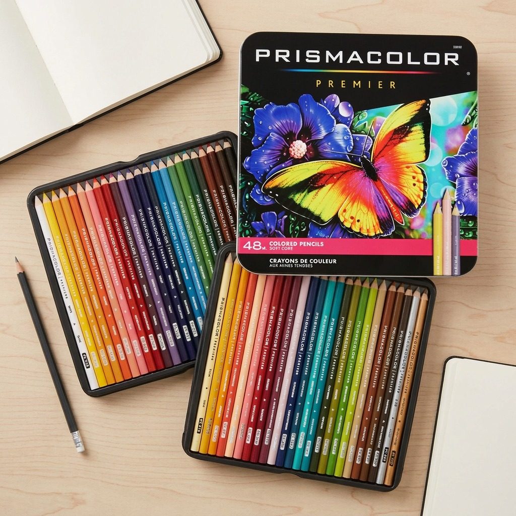 Scale reference photo: an open 48-count Prismacolor pencil tin on a desk, sized next to a pencil and notebook.
