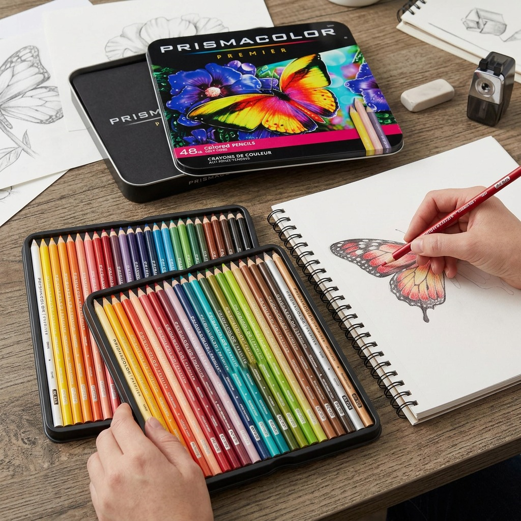 A hand holds a red and orange prismacolor premier soft core pencil, shading a leaf in a complex floral drawing; other pencils rest nearby.