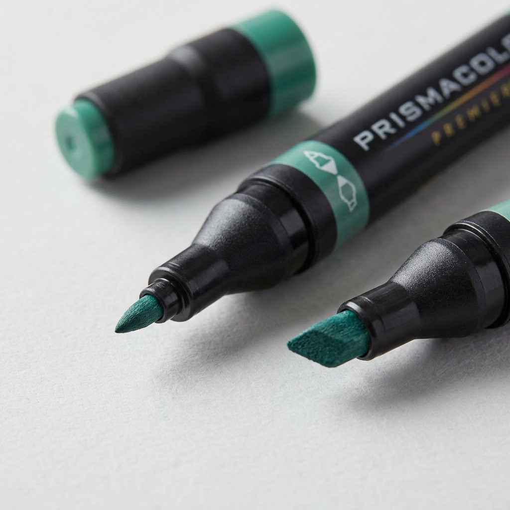 Macro photograph focusing on the dual tips of a midtone-colored Prismacolor Premier art marker, showing fine-point and chisel textures.