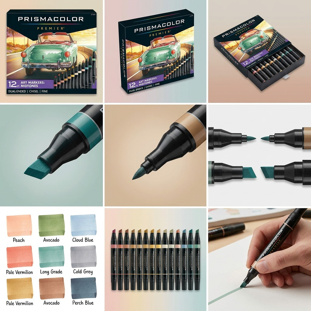 A 3x3 grid showing side-by-side comparison of the marker set packaging, various markers, and close-ups of the details.