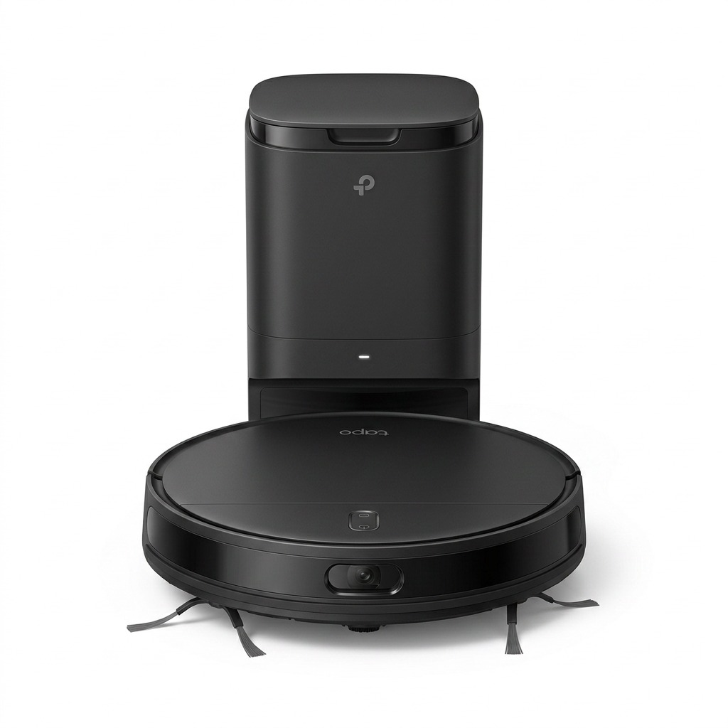 A pristine hero shot of the all-black TP-Link Tapo RV20 Max Plus robot vacuum and disposal dock.