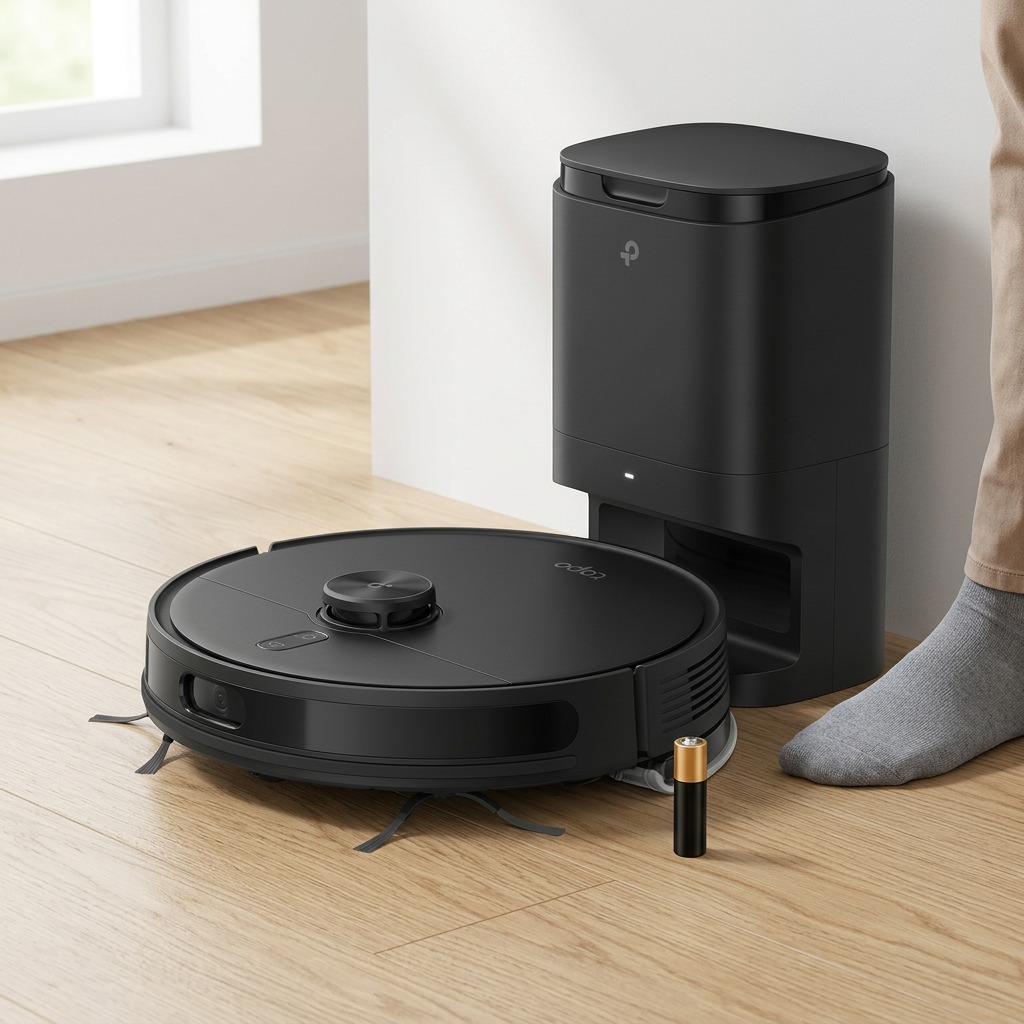A size comparison photo of the TP-Link Tapo RV20 Max Plus, featuring the black robot vacuum on a wooden floor next to a standard AA battery and a human foot. The self-empty dock stands behind it, demonstrating its relative height.